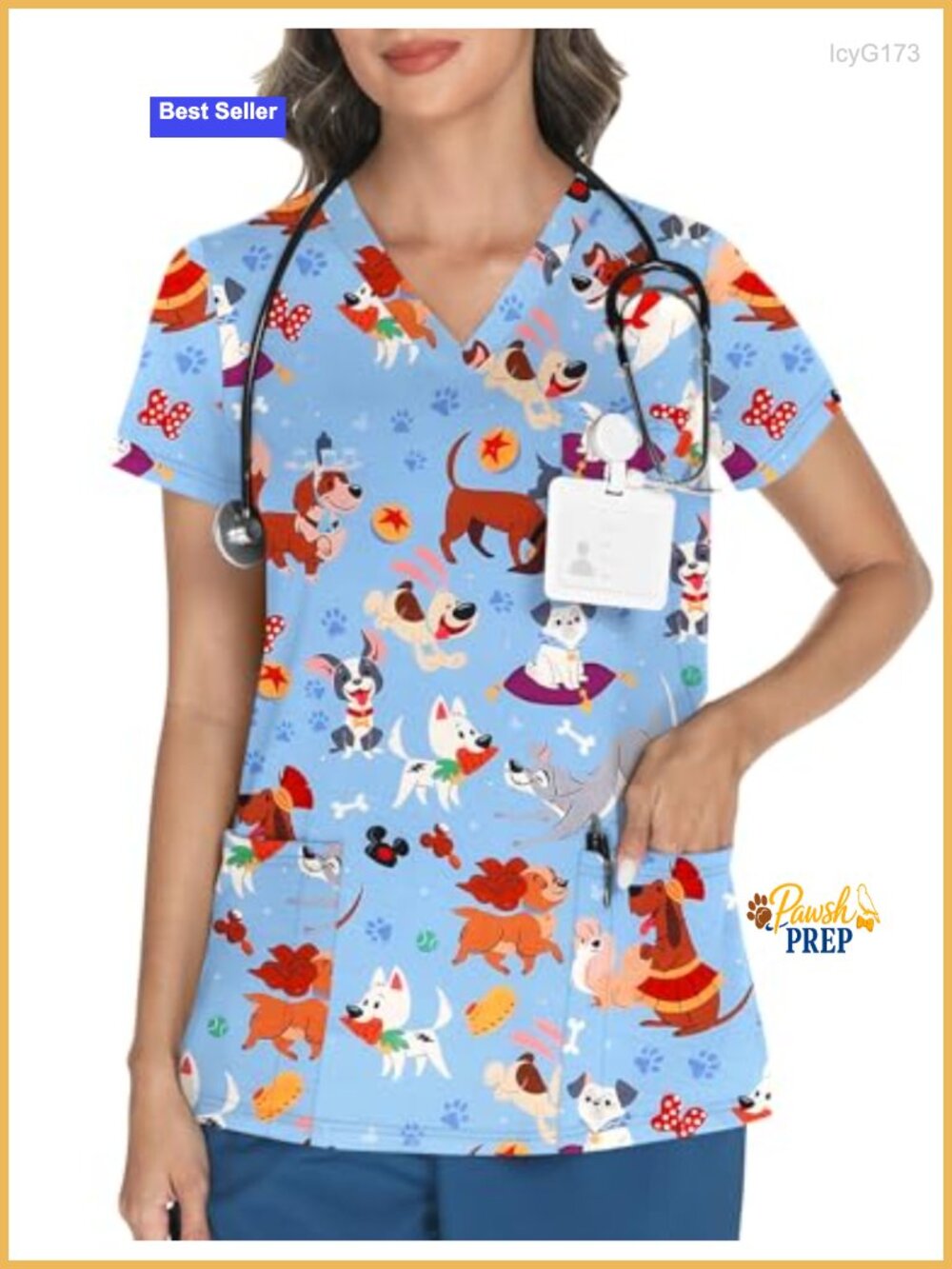 Women's V-Neck Printed Scrub Top 3 Pockets Short Sleeve Stretchy Nurse Uniform